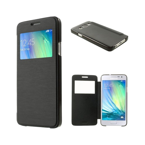 Tok álló, bőr hatású (FLIP, oldalra nyíló, S-View cover, szálcsiszolt mintázat) FEKETE [Samsung Galaxy A3 (2015) SM-A300F] (5996457513680)