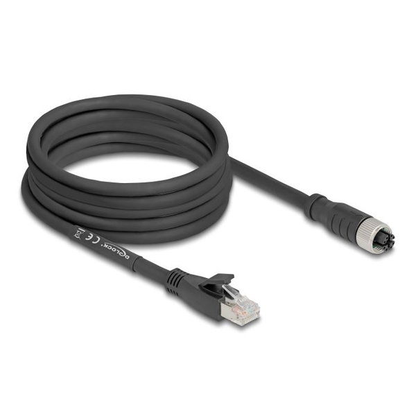 Delock M12 X-kódolt kábel 8 tűs apa - RJ45 Cat.5e S/FTP anya 5m fekete (80594)
