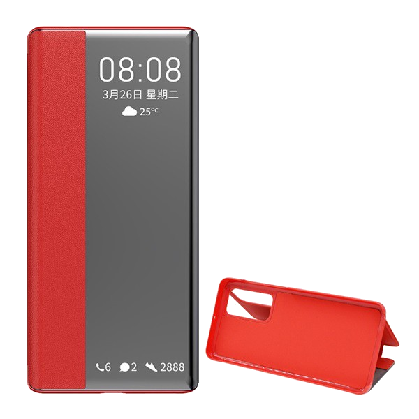 Tok álló, bőr hatású (FLIP, oldalra nyíló, asztali tartó funkció, hívószámkijelzés, Window) PIROS [Huawei P40] (5996457965281)