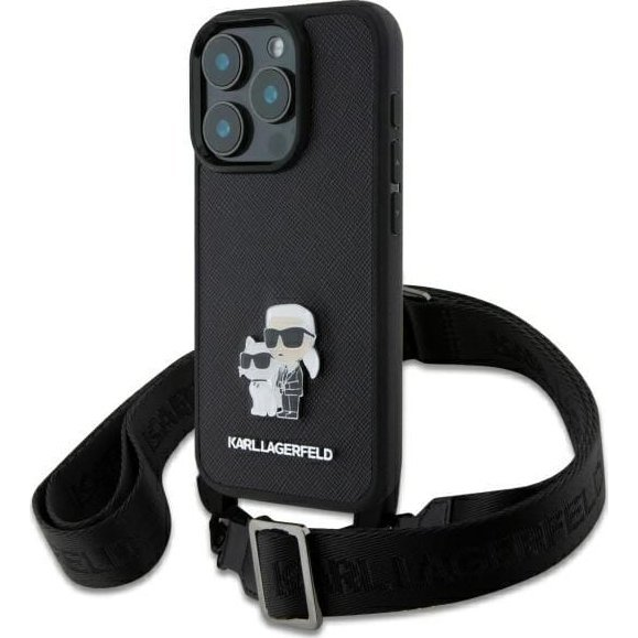 CG MOBILE KARL LAGERFELD SAFFIANO CROSSBODY STRAP METAL KARL AND CHOUPETTE szilikon telefonvédő (ütésállóság, nyakpánt) FEKETE Apple iPhone 16 Pro Max (KLHCP16XSAKCPBK)