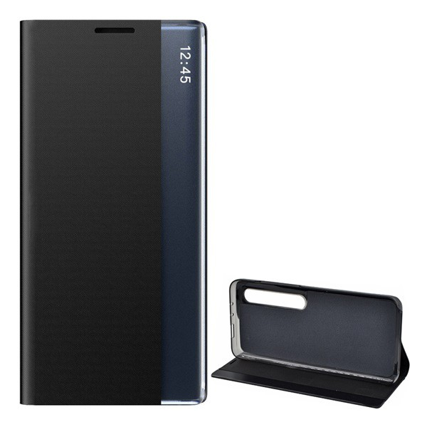 Tok álló, textil hatású (aktív FLIP, oldalra nyíló, asztali tartó funkció, Smart View Cover) FEKETE [Xiaomi MI 10 Pro 5G] (5996591043319)