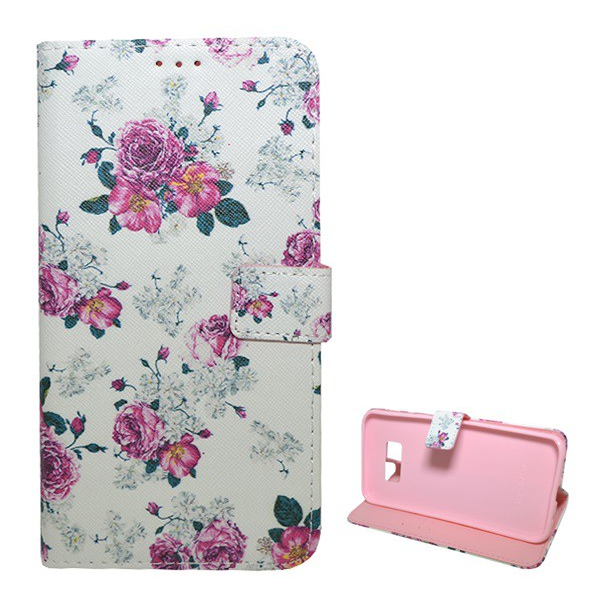 Tok álló, bőr hatású (FLIP, oldalra nyíló, asztali tartó funkció, bazsarózsa minta) FEHÉR [Samsung Galaxy S8 Plus (SM-G955)] (5996457698486)