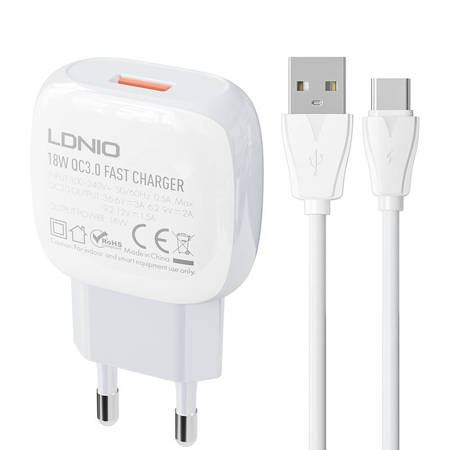 LDNIO A1306Q USB-A hálózati töltő 18W + USB-C kábel fehér