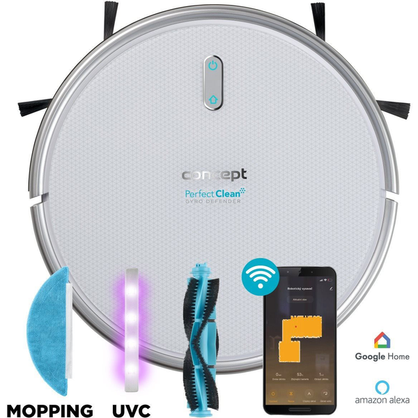 Робот прахосмукачка Concept VR2020, 3 in 1 изсмукване, избърсване, стерилизиране, Жироскопична навигация, Автономия 150 мн, Батрия Li-Ion 2600 mAh, Филтър HEPA 13, UV лампа, Бял