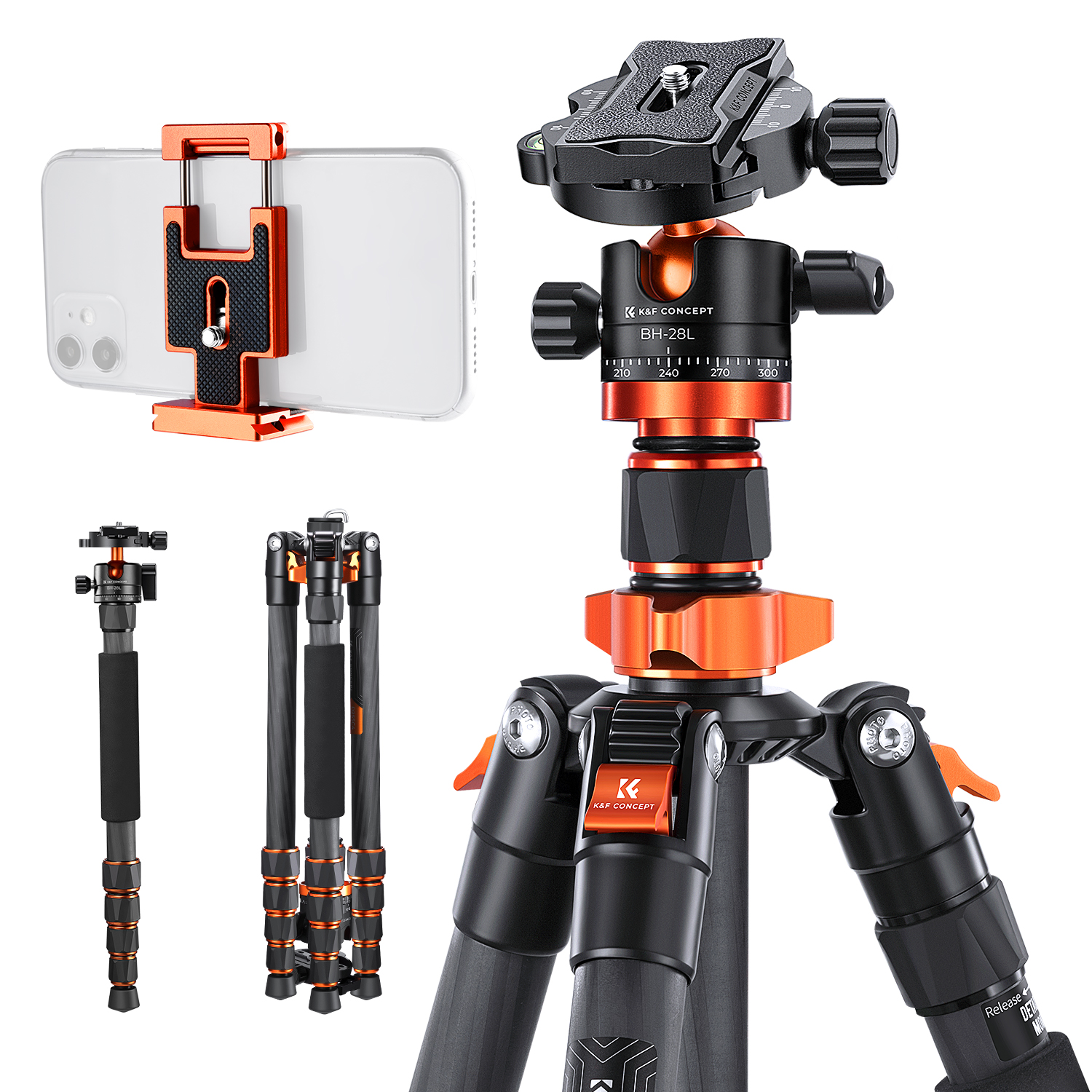 K&F Concept D255C4 Kamera állvány (Tripod) + BH-28L Monopod - Fekete/Narancssárga (KF-09-093V2)