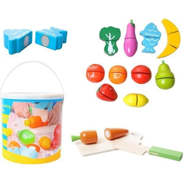 Fa Gyümölcs-Zöldség Vágójáték, 14 Db-os Készlet, Tépőzáras, 18/19cm Vödörben (5902802919656)