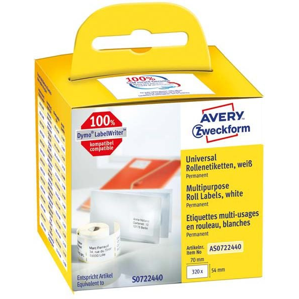 Avery-Zweckform Etikettek (tekercs) 70 x 54 mm Papír Fehér 320 db Véglegesen tapadó Univerzális etikett AS0722440