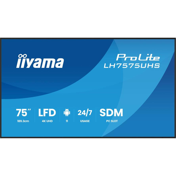 iiyama LH7575UHS-B2AG дисплей за сигнализация Обществен цифров плосък панел 190,5 см (75") LCD Wi-Fi 500 cd/m² 4K Ultra HD Черен Вграден процесор Android 11 24/7