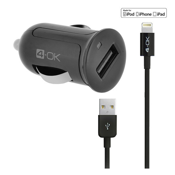 4-OK autós töltő USB aljzat (5V / 2400mA, MFi Apple engedélyes, IPCMB5 utódja + lightning 8pin kábel) FEKETE (IPCM25)