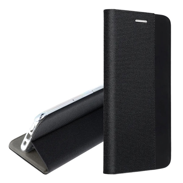 Tok álló, bőr hatású (FLIP, oldalra nyíló, asztali tartó, textil minta) FEKETE Samsung Galaxy A12 (SM-A125F / SM-A127F) "Gigapack csomagolás" (GP-104136)