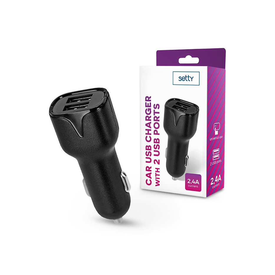 Setty 2xUSB szivargyújtó töltő adapter - Setty Car USB Charger with 2 USB Ports - 5V/2,4A - fekete (TF-0025)