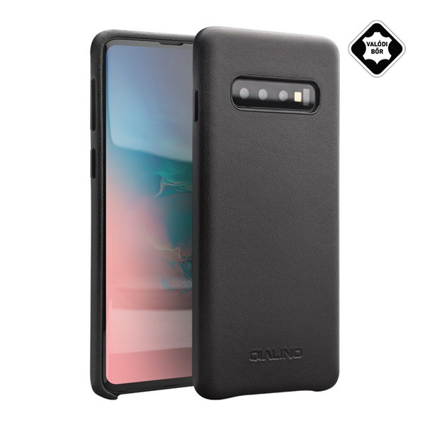 QIALINO műanyag telefonvédő (valódi bőr bevonat) FEKETE [Samsung Galaxy S10 (SM-G973)] (5996457864256)