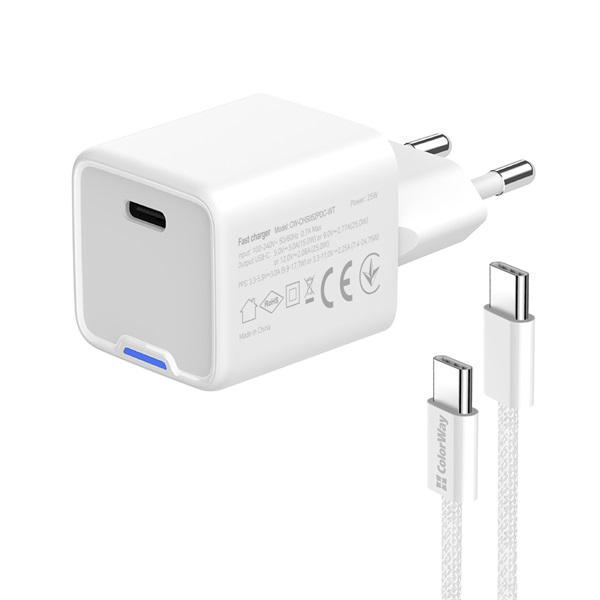 ColorWay 052PDC USB-C Hálózati töltő szett 25W - Fehér (CW-CHS052PDC-WT)