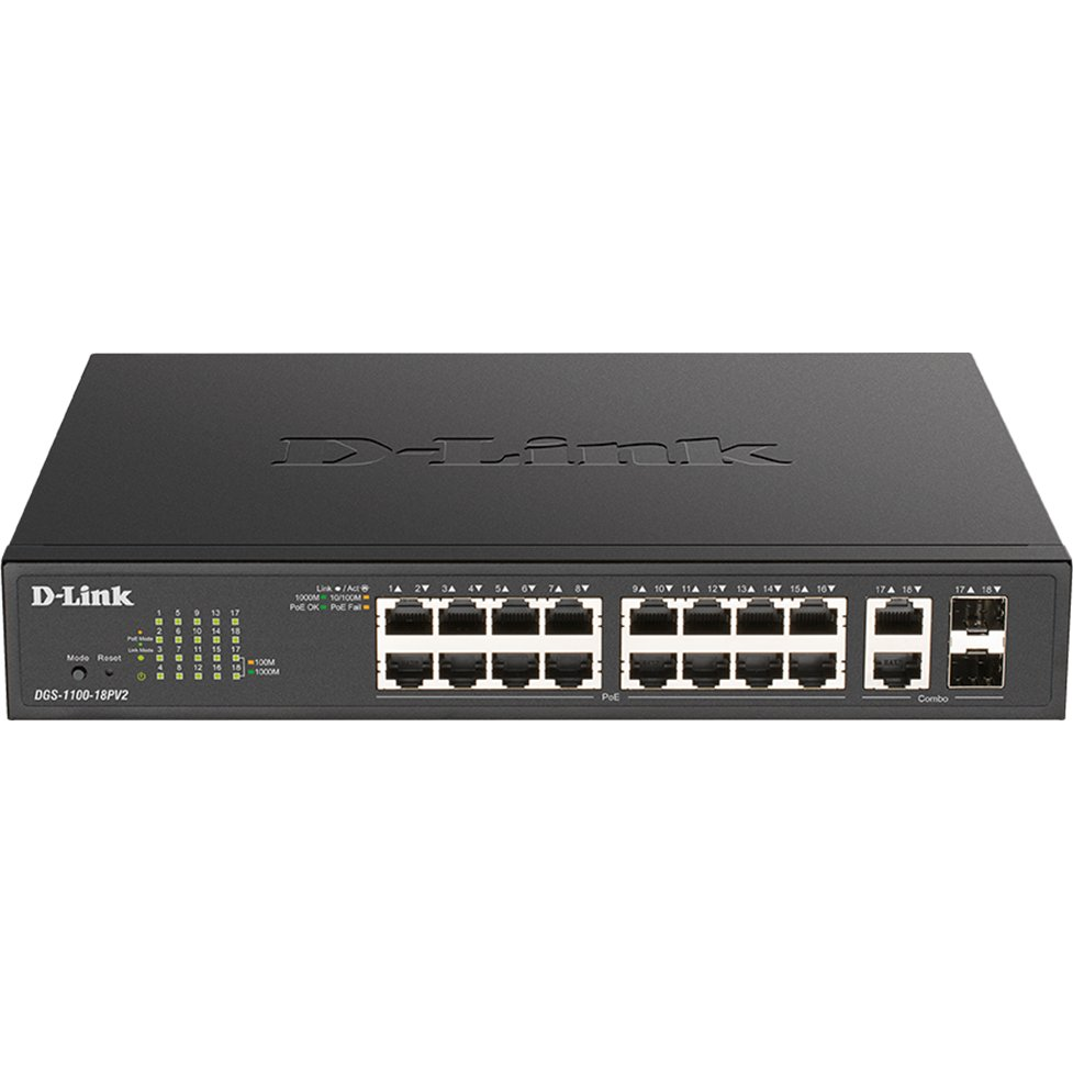 D-Link DGS-1100-18PV2 hálózati kapcsoló Vezérelt L2 Gigabit Ethernet (10/100/1000) Ethernet-áramellátás (PoE) támogatása 1U Fekete (DGS-1100-18PV2)