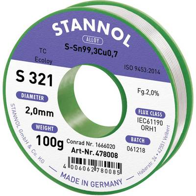 Stannol S321 2,0% 2,0MM SN99,3CU0,7 CD 100G Forrasztóón, ólommentes Ólommentes, Tekercs Sn99.3Cu0.7 100 g 2 mm (631912)