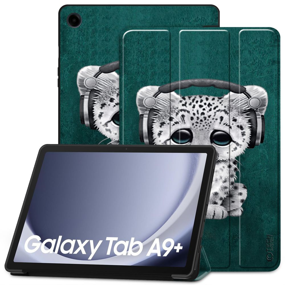 Samsung Galaxy Tab A9 Plus (11.0) SM-X210 / X215 / X216B, mappa tok, párduc kölyök minta, Trifold, zöld/színes (TS4931)