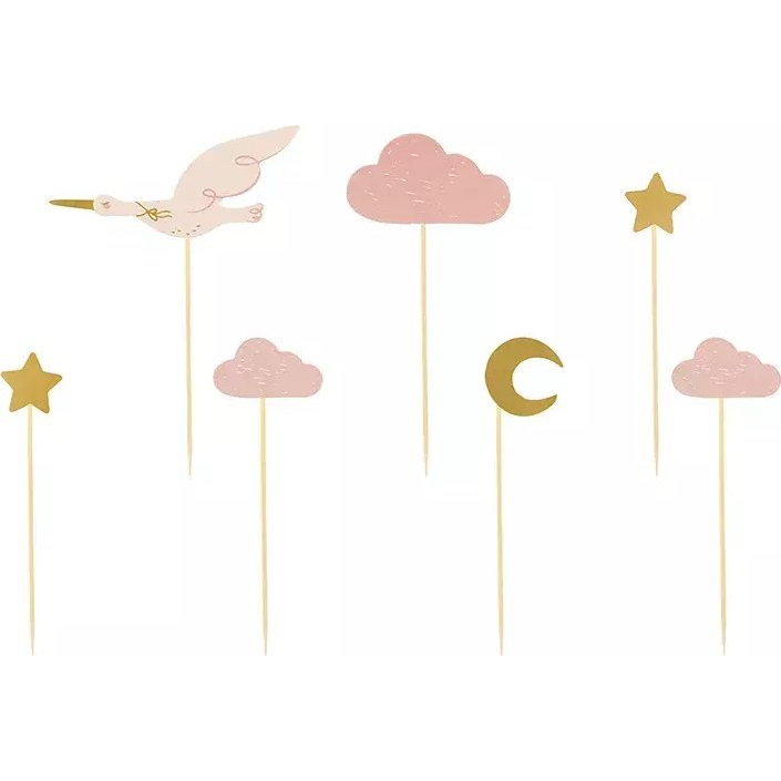 Tortadísz Gólya Papír 12 cm Rózsaszín, Arany (5904555014541)