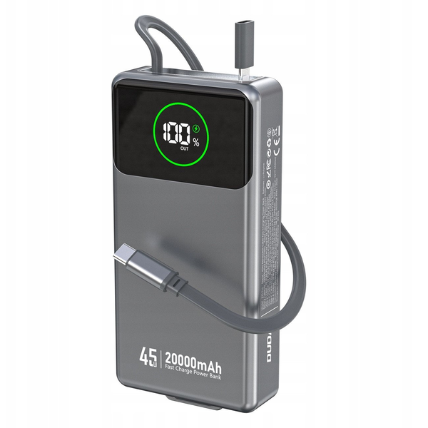 Dudao K31 Pro Power Bank 45W 20000mAh szürke beépített USB-C kábellel