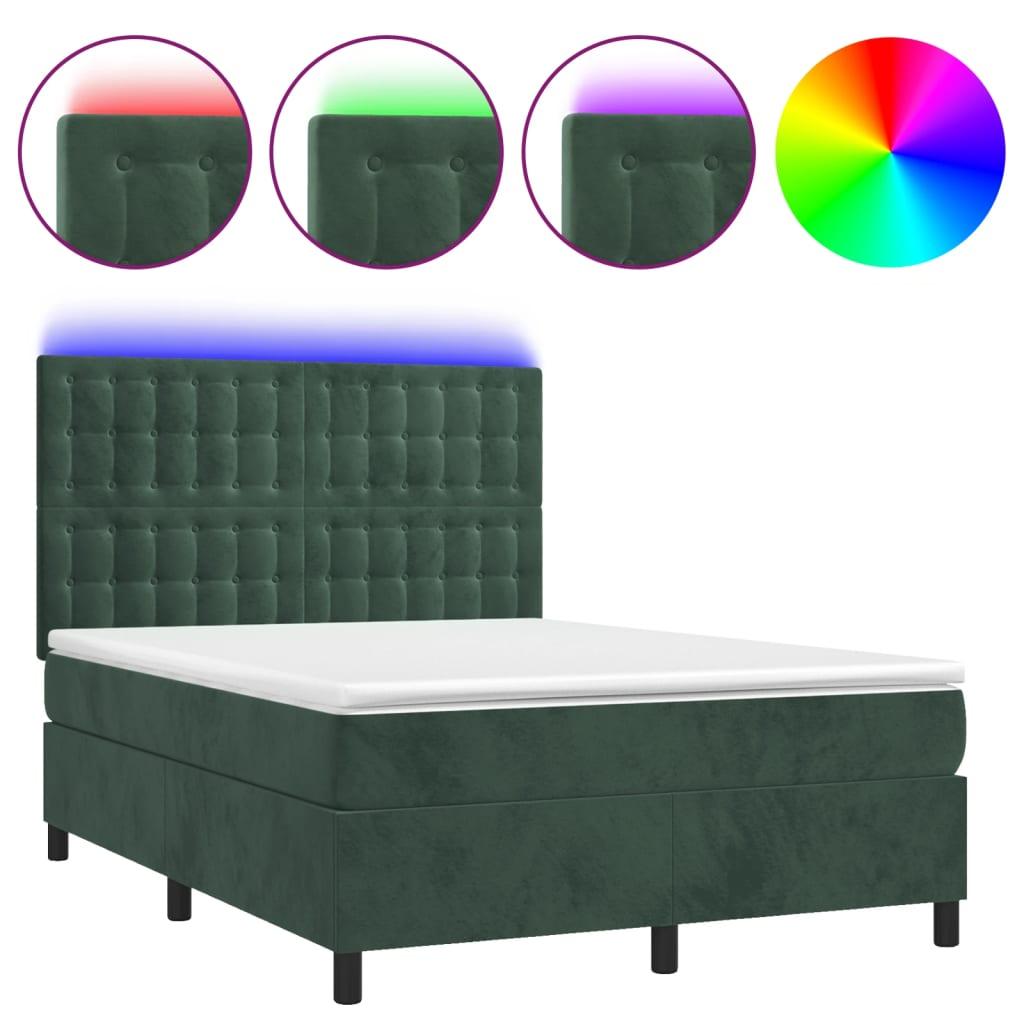 sötétzöld bársony rugós és LED-es ágy matraccal 140x190 cm (3136362)