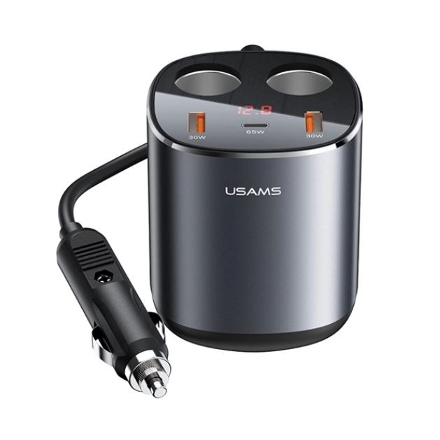 USAMS C28 szivargyújtó adapter (elosztó, 2 szivargyújtó+2xUSB-C aljzat, gyorstöltő, 254W, 3A, LED kijelző) szürke (CC151TC01) (CC151TC01)