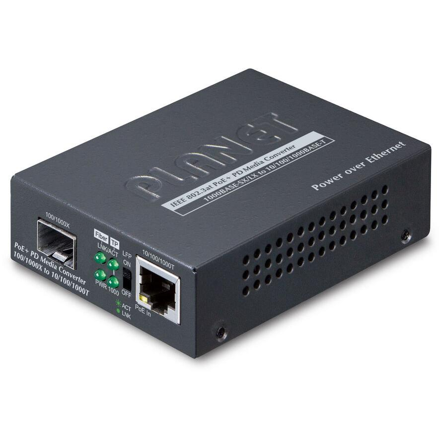 PLANET 802.3at PoE+ PD hálózati média konverter 2000 Mbit/s Fekete (GT-805A-PD)