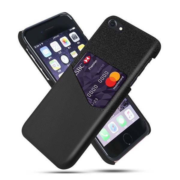 Műanyag telefonvédő (közepesen ütésálló, bankkártya tartó, textil bevonat, bőr hatású hátlap) FEKETE [Apple iPhone SE 3 (2022)]