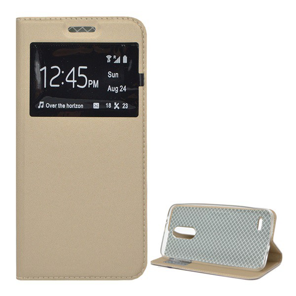 Tok álló, bőr hatású (FLIP, oldalra nyíló, asztali tartó funkció, View Window) ARANY [LG K9 K350 (K8 2018)] (5996457777679)