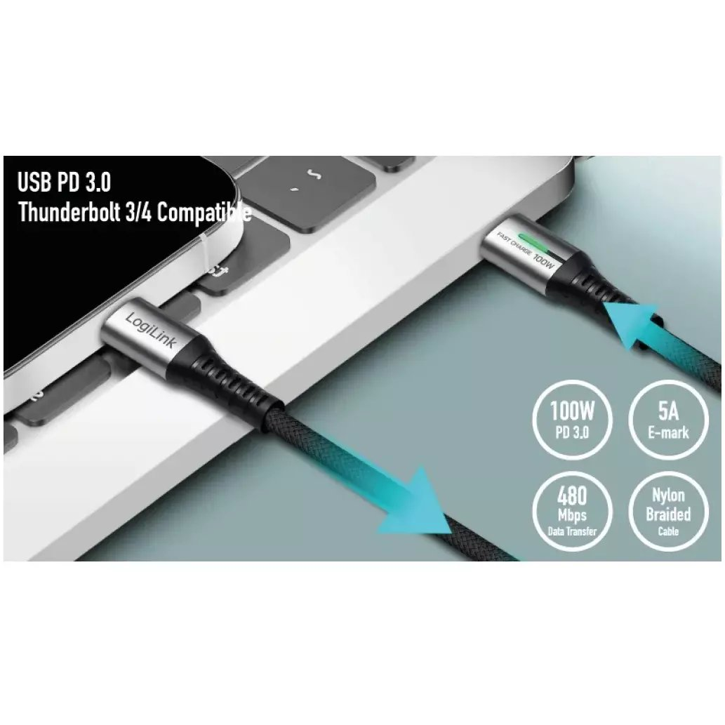 Logilink USB 2.0 Type-C kábel, C/M - C/M, 480 Mbps, 100W, LED, nejlon, fém, fekete, 1,5 m (CU0423)