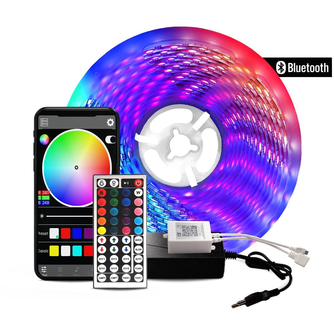 Aga Bluetooth RGB LED szalag 5m + vezérlő + tápegység (MR8001)