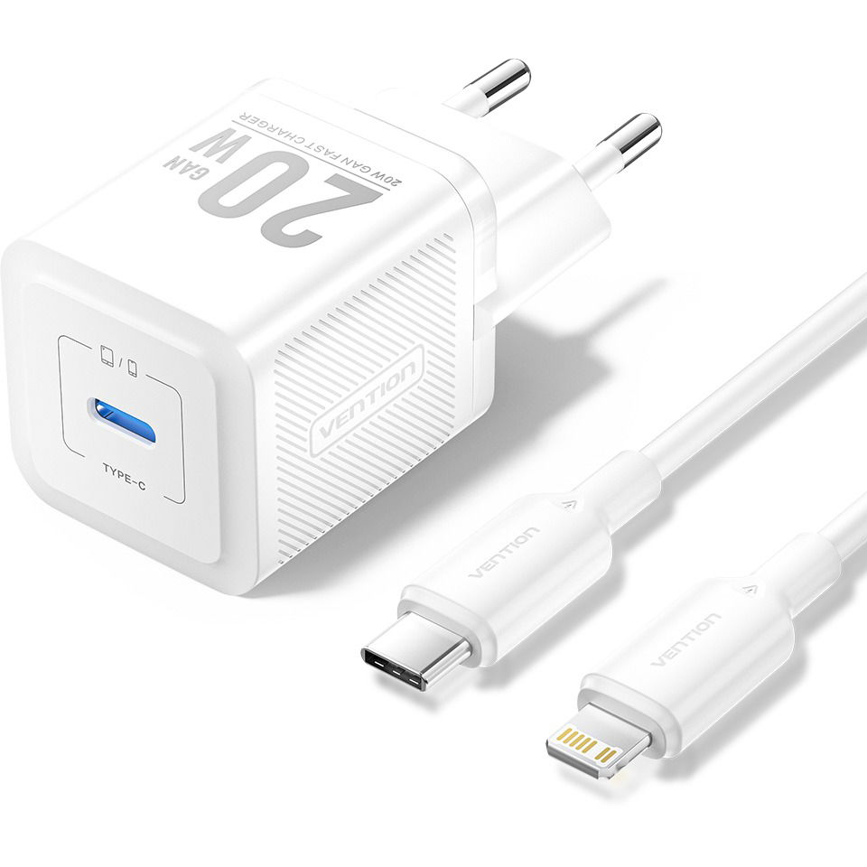 Vention 1-Port USB-C GaN Charger (20W) with USB-C to Lightning Cable (1M) EU-Plug White (TZ-FEPW0-EU-02)