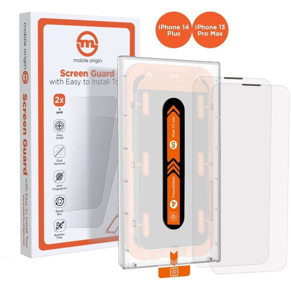 Комплект от 2 прозрачни стъклени протектори със система за монтиране Mobile Origin Screen Guard, съвместими с iPhone 14 Plus / 13 Pro Max