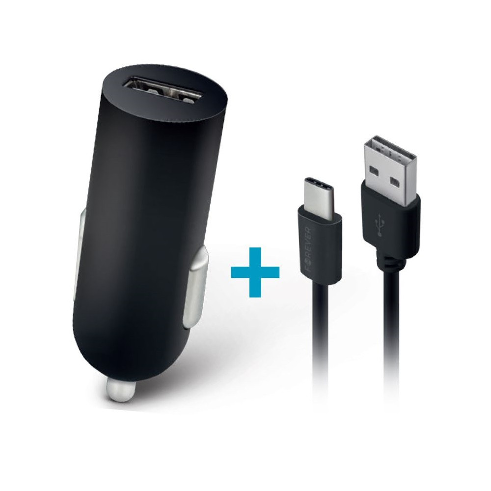 Autós töltő, Szivargyújtós töltő, 5V / 1A, 1 x USB aljzat, USB Type-C kábellel, Forever, fekete, M02 (72016)