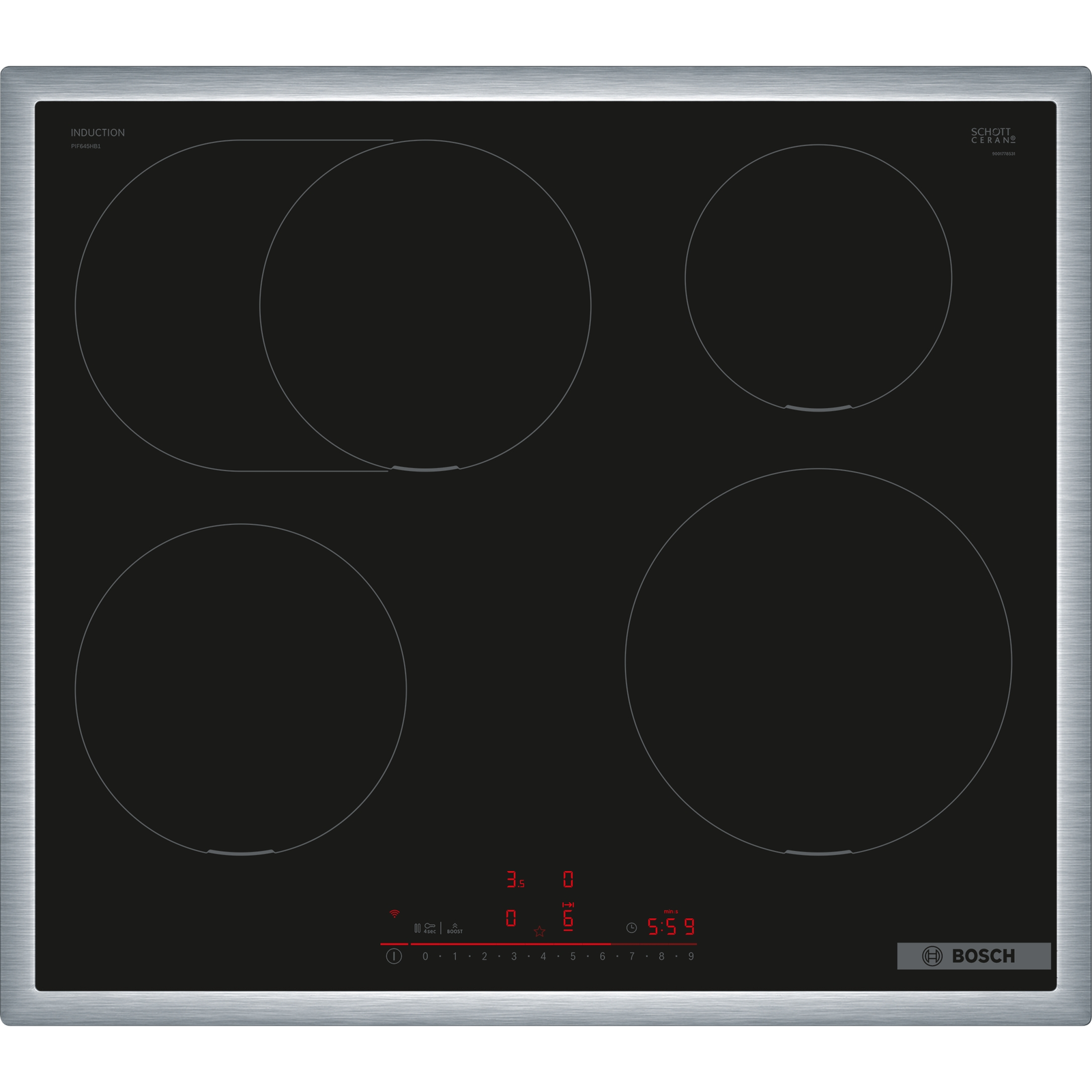 Bosch Serie 6 PIF645HB1E főzőlap Fekete Beépített 60 cm Zónás indukciós főzőlap 4 zóna (PIF645HB1E)
