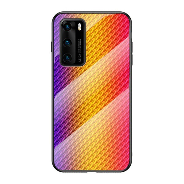 Telefonvédő szilikon keret (BUMPER, edzett üveg hátlap, karbon minta) SÁRGA [Huawei P40] (5996457961917)