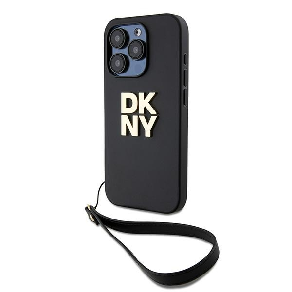 DKNY iPhone 15 Pro Csuklópántos PU Bőr Telefon tok - Fekete (DKHCP15LPBSWSK)