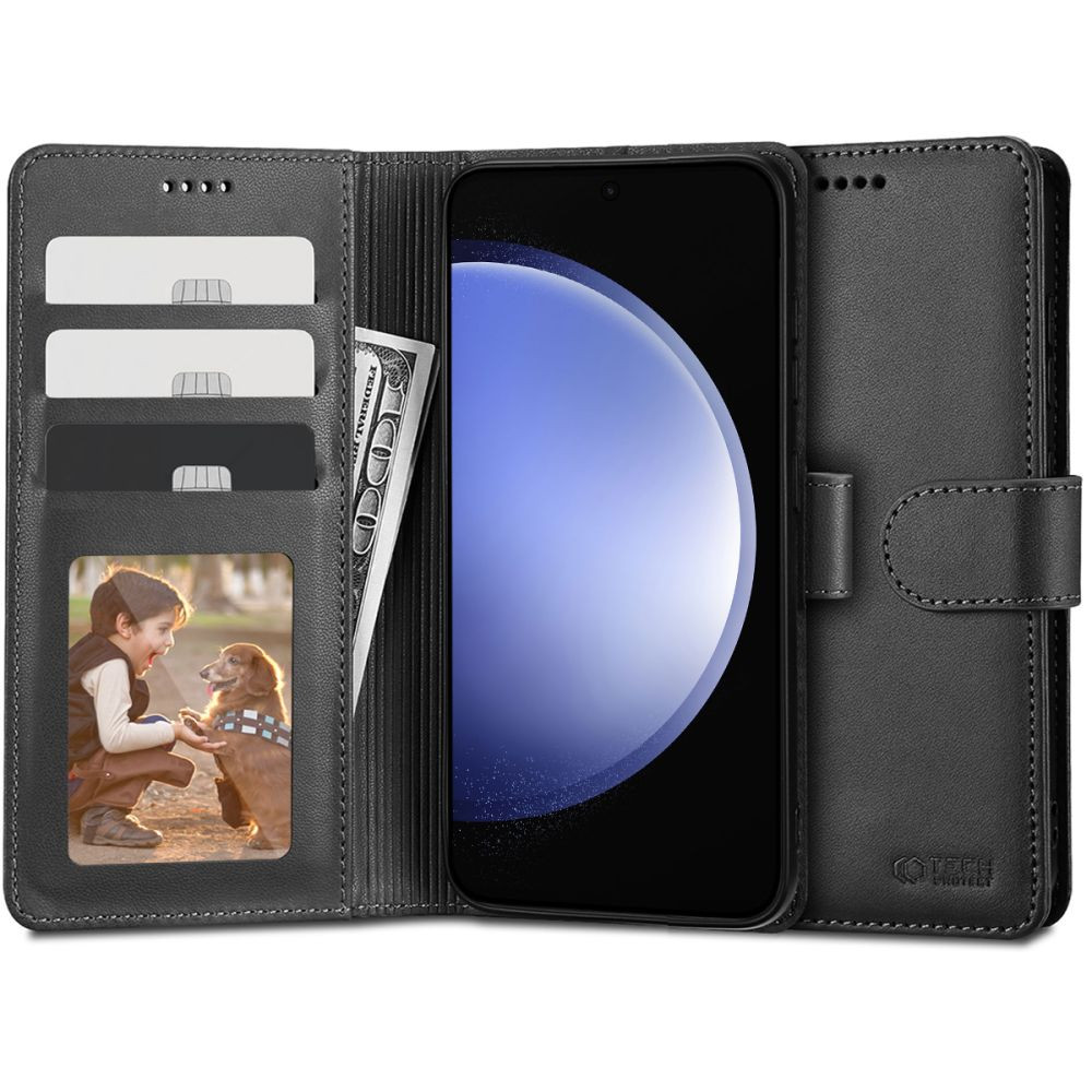 Samsung Galaxy S23 FE SM-S711, Oldalra nyíló tok, stand, mágnes csattal, TP Wallett, fekete (9319456607086)