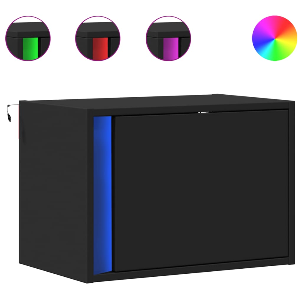 2 db fekete falra szerelhető éjjeliszekrény LED-világítással (852092)