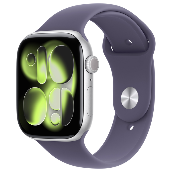 Apple Watch Series 11 GPS 46 мм Сребрист алуминиев корпус Лилав спортен каишка M/L