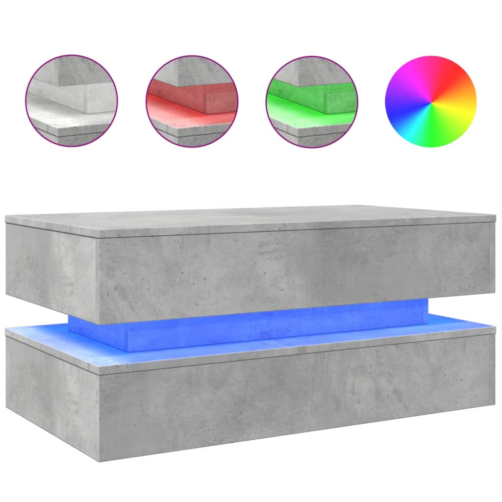 betonszürke dohányzóasztal LED-lámpákkal 90x50x40 cm (839864)