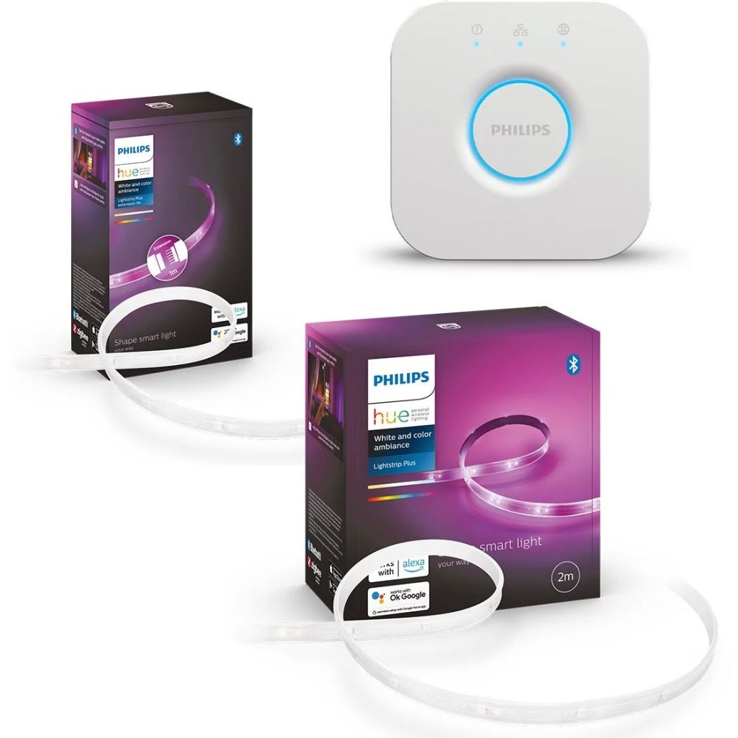 Philips Hue LightStrip Plus v4 LED szalag 2m + hosszabbító + Bridge (PHL23014set) (PHL23014set)