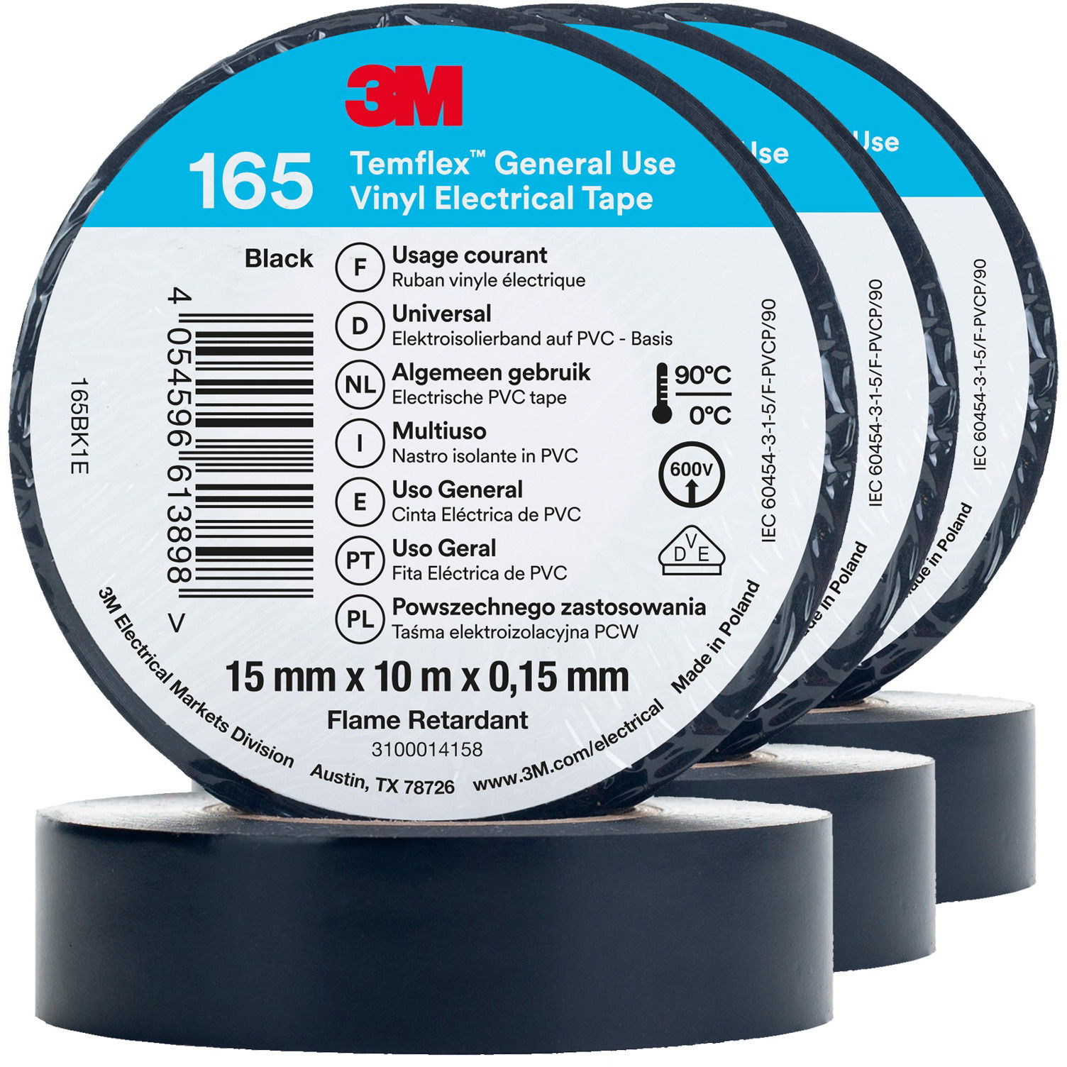 3M Temflex 165 szigetelőszalag, méret 15 mm×10 m×0,15 mm, fekete, 3 darab (7100184723)