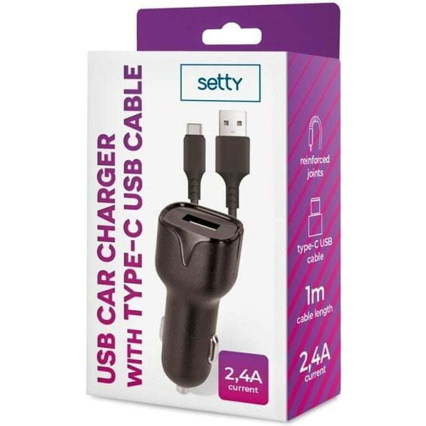 Setty Autós Töltő 1x USB-A + USB-C Kábel 2,4A 1m - Fekete