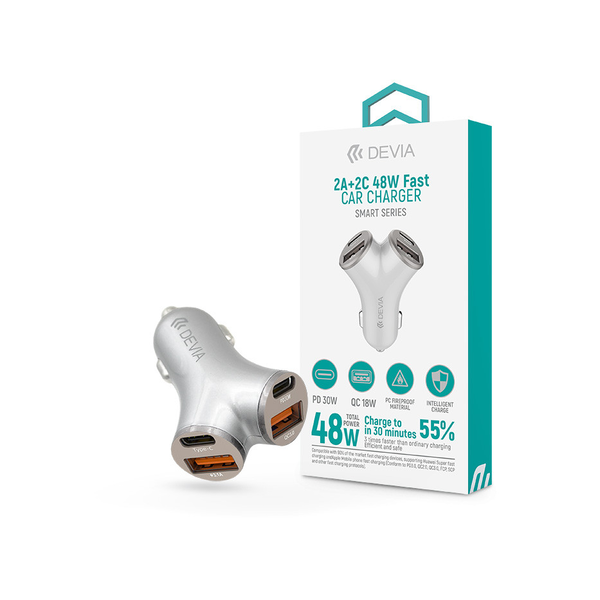 Devia Smart Series 48W PD+QC autós gyorstöltő 2xUSB+2xType-C - ezüst