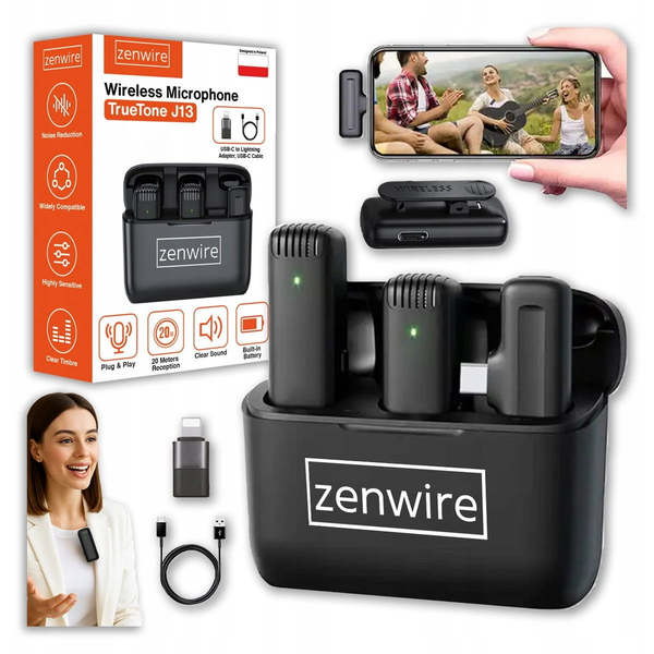 Zenwire TrueTone J13 brezžični kravatni mikrofon 2x komplet USB-C z adapterjem Lightning, polnilno ohišje QI, 2.4G