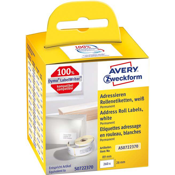 Avery-Zweckform Etikett tekercs 82 x 28 mm Papír Fehér 260 db Véglegesen tapadó AS0722370 Cím etikett