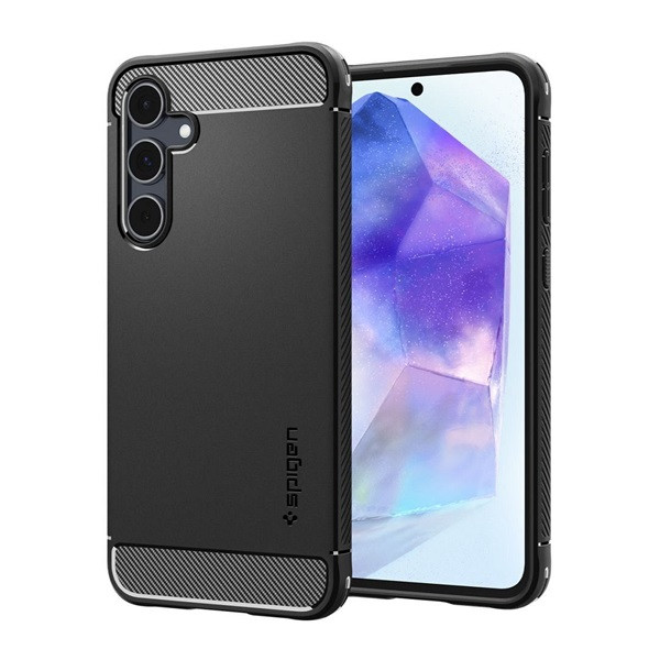 Samsung Galaxy A55 5G SM-A556B, Szilikon tok, Spigen Rugged Armor, karbon minta, fekete