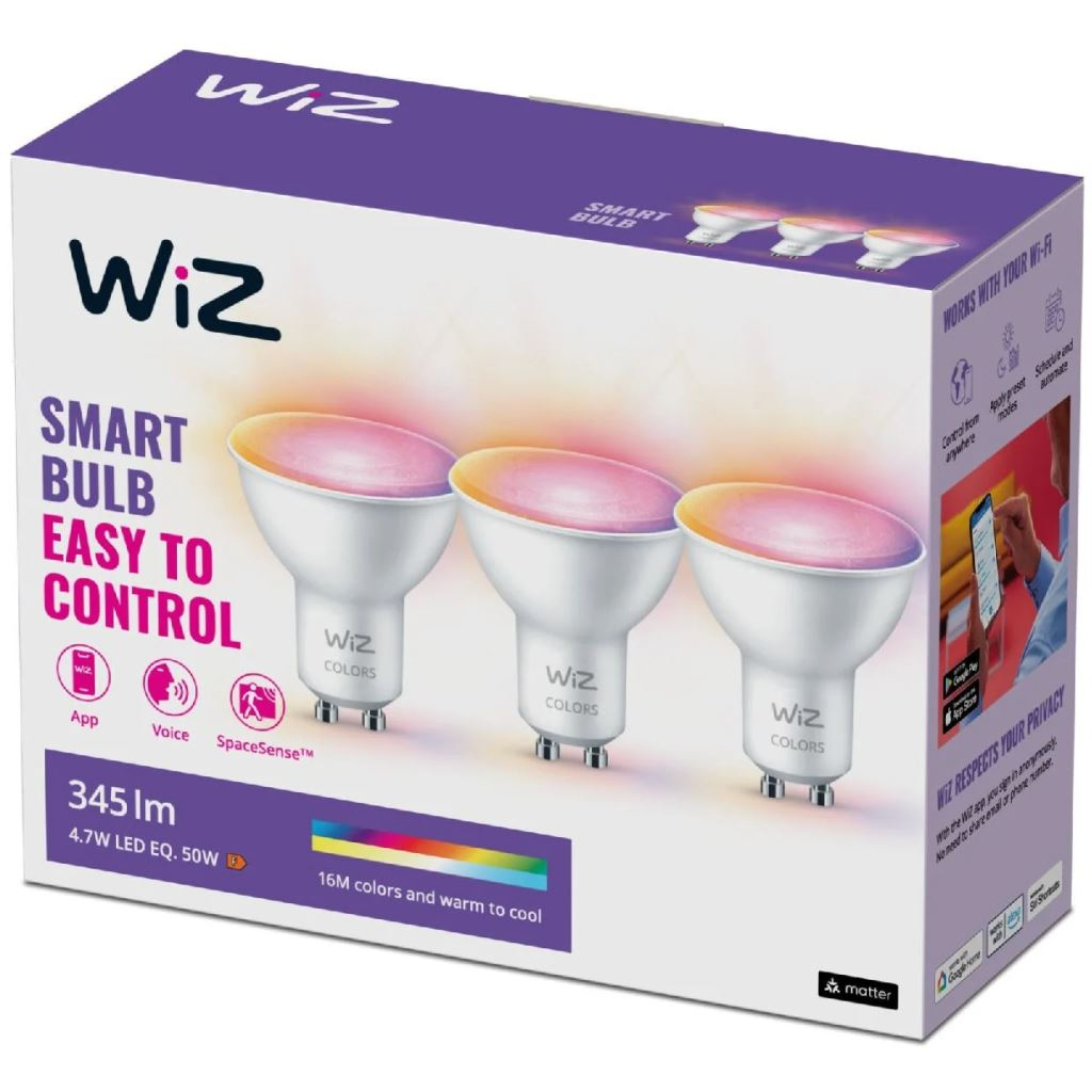 WiZ WiFi BLE RGB LED fényforrás GU10 4.7W 3db/cs (929002448433) (929002448433)