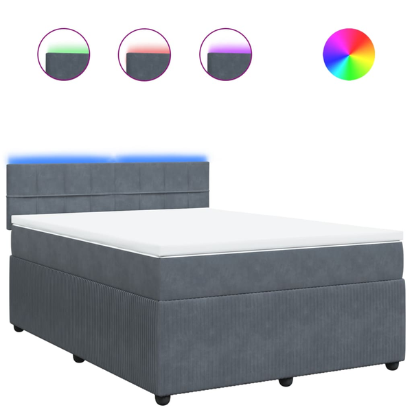 Pat box spring cu saltea, gri închis, 140x190 cm, catifea
