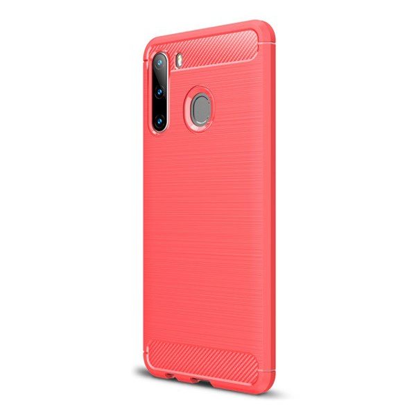 Szilikon telefonvédő (közepesen ütésálló, légpárnás sarok, szálcsiszolt, karbon minta) PIROS [Samsung Galaxy A21 (SM-A210F)] (5996457935215)