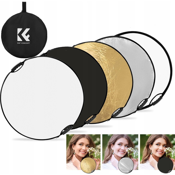 K-F CONCEPT 5in1 derítőlap reflektor fogantyúval 60cm (feher/fekete/arany/ezüst/átlátszó) + hordtáska